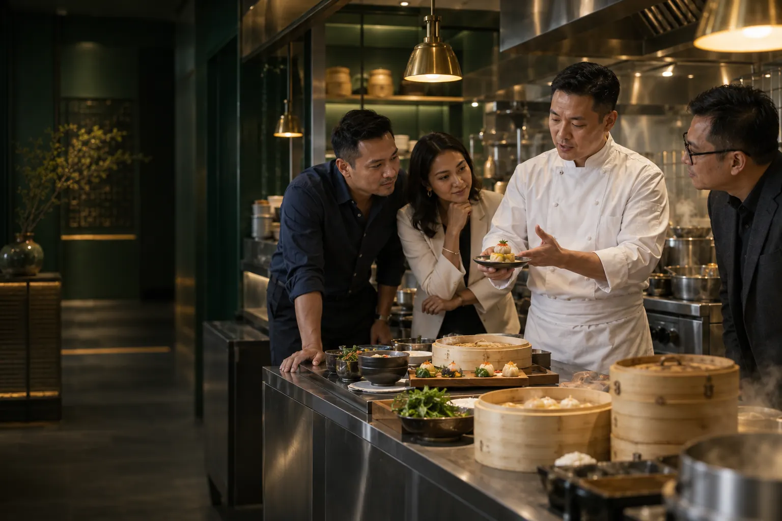 厨师与餐饮经营者在示范厨房交流的AI概念配图