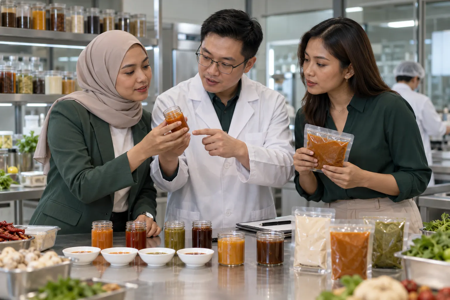 AI concept image of procurement professionals discussing ingredient samples with a food technologist.
