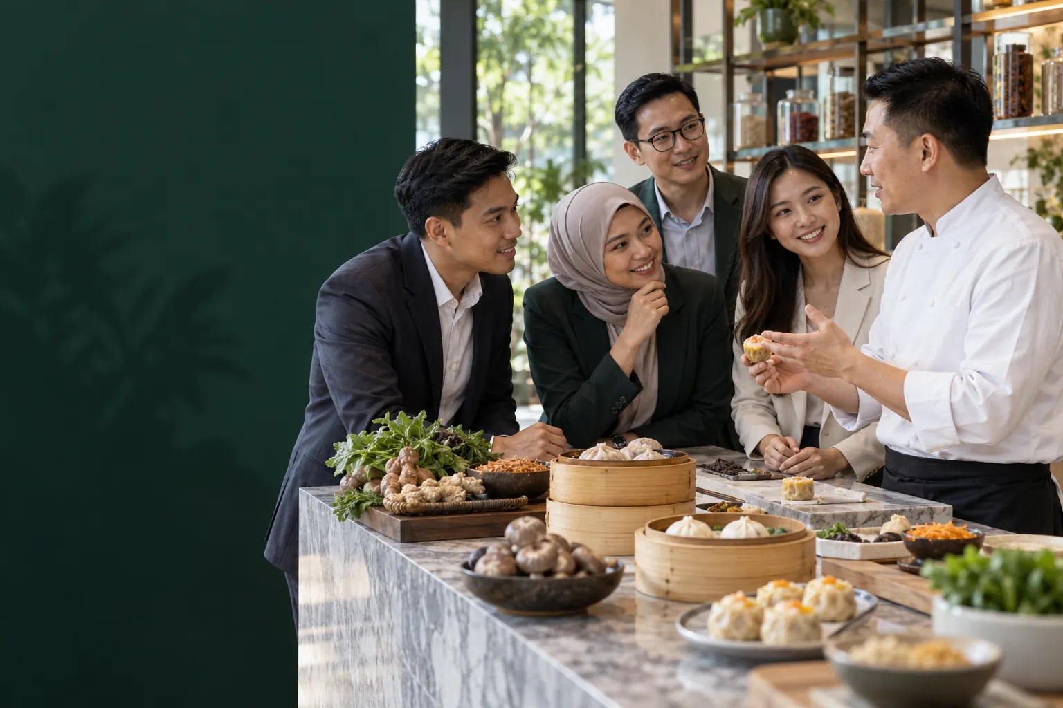 AI concept scene of diverse Southeast Asian industry professionals exchanging ideas with a Chinese culinary specialist.